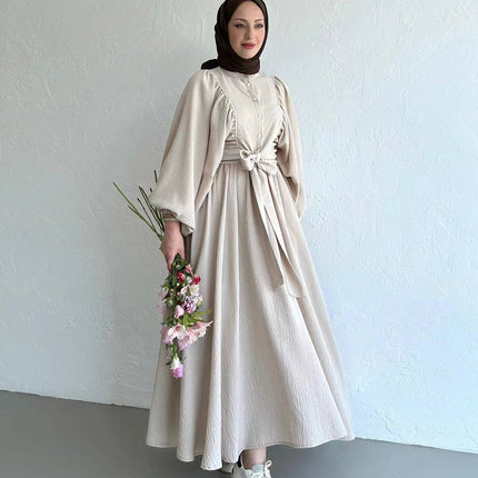Muslim Fashion Suit Bishop Sleeves Top Swing Mid-length Dress Set