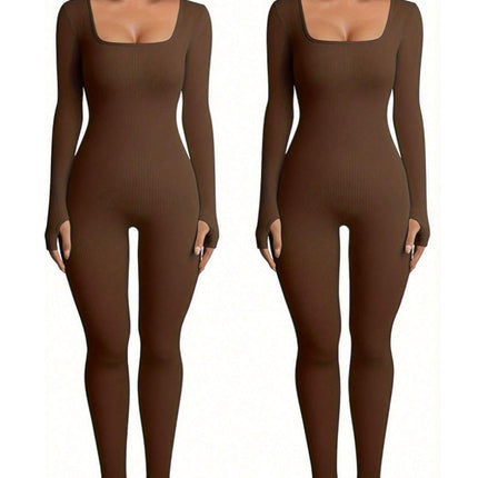 Women's Yoga Sports Fitness Jumpsuit Workout Long Sleeve Square Collar Clothing