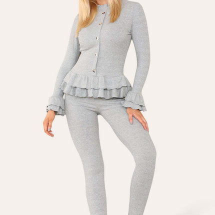 Long Sleeves Peplum Front Buttons Frilled Hem Lounge Wear Set