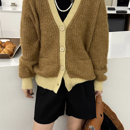 Women's Wool Contrast Color Knitted Sweater Cardigan V-neck