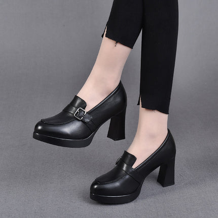 Women's French Chunky Heel Waterproof Platform Retro High Heel Leather Shoes