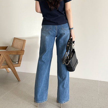 Korean Style Commuter All-match Rolled-up Casual Jeans High Waist Slim Straight Leg Pants Women