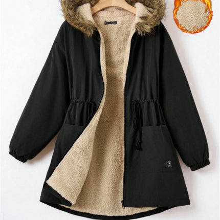 EZwear Drawstring Waist Fuzzy Trim Hooded Thermal Lined Drawstring Waist Coat