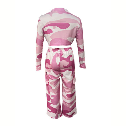 Women's Camouflage Print 2-Piece Set, V-Neck Single Button Crop Top & Drawstring Cargo Pants For Spring Fall