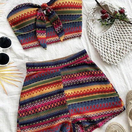 Women's Sexy 2pcs Set  Summer  Colorful Striped Elastic Suitable For Vacation And Daily Travel