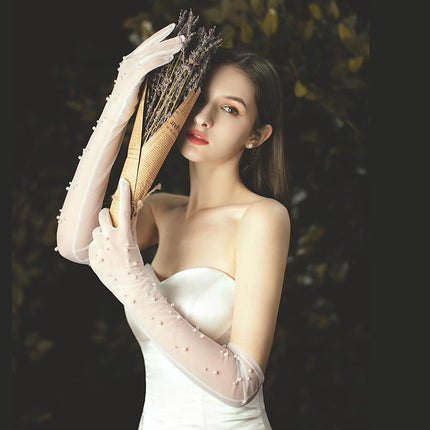 Bride Gloves White Wedding Dress Pearl Mesh