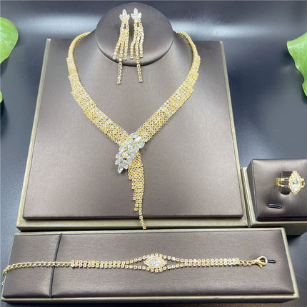 Fashion Luxury Rhinestone Earrings Necklace Ring Bracelet Four Piece Chain