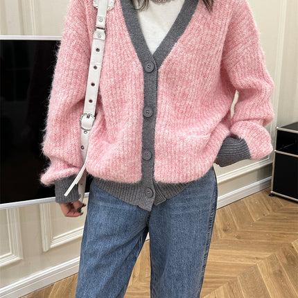 Women's Wool Contrast Color Knitted Sweater Cardigan V-neck
