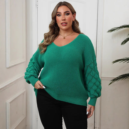 Plus Size Women's Pineapple Sleeve Stitching Deep V Woven Leisure Pullover Sweater