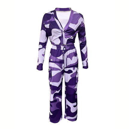 Women's Camouflage Print 2-Piece Set, V-Neck Single Button Crop Top & Drawstring Cargo Pants For Spring Fall