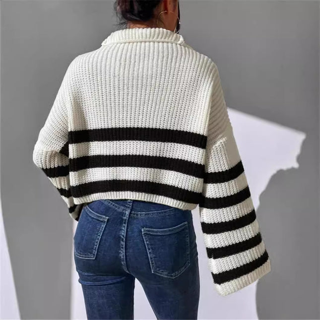 New Striped Contrast Color Stand-up Collar Knitted Pullover Sweater Outerwear Women
