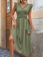 Elegant Solid Color And V-neck Stitching Lace Dress