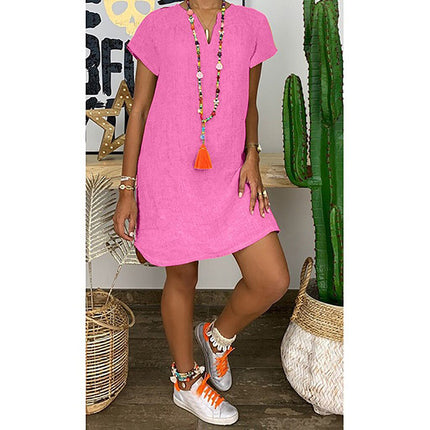 Womens Summer Casual Solid Color V Neck Short Sleeve Dresses Boho Beach Sundresses