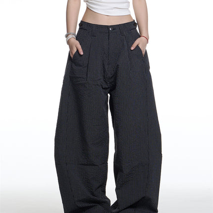 American Retro Plaid Lazy Wide Leg Machete Casual Pants For Women