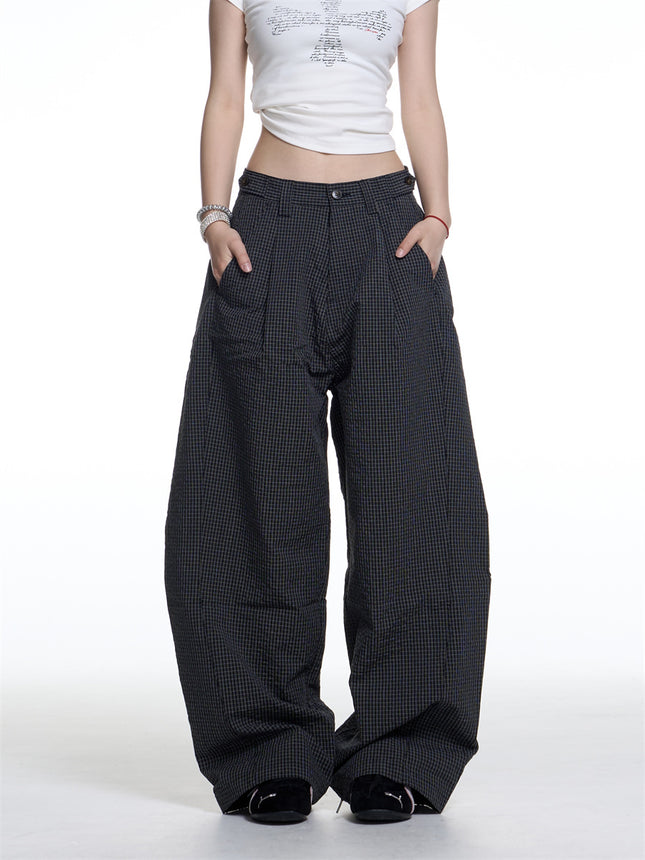 American Retro Plaid Lazy Wide Leg Machete Casual Pants For Women