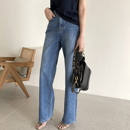 Korean Style Commuter All-match Rolled-up Casual Jeans High Waist Slim Straight Leg Pants Women