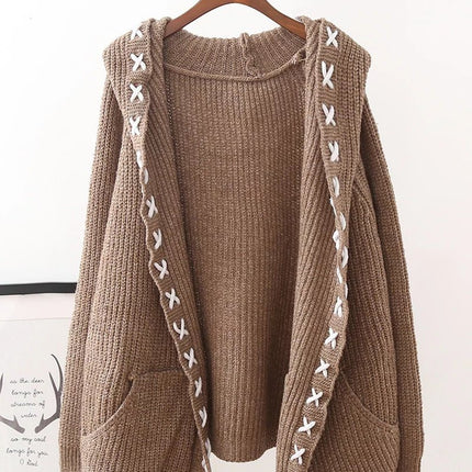Women Hooded Tops Knitting Cardigan Sweater Coat Women Loose Sweater