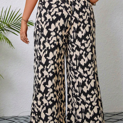 Women's Plus Size Printed Wide-Leg Pants - Summer Casual Elastic Waist Long Trousers With Belt
