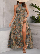Women Print Maxi Dress High Waisted Cross Halter Neck With Tie Detail,Flowing Vacation Gown In Teal, Blue-Green & Brown Paisley   Pattern, Machine Washable, Summer Fashion Decorative Tie Detail