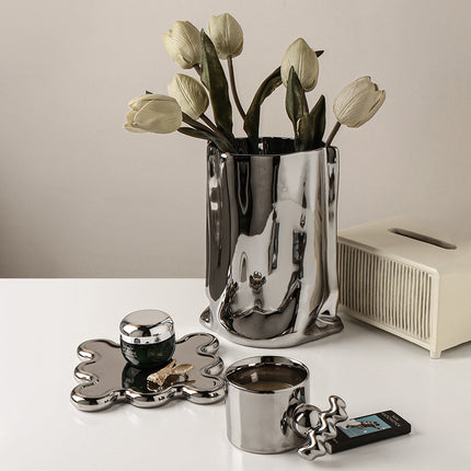 Extremely Simple Silver Vase Creative Irregular Ceramic Ornaments
