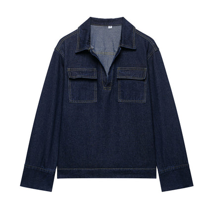 Fashion Loose Blue Denim 2-piece Set Vintage Long Sleeve Shirt Trousers