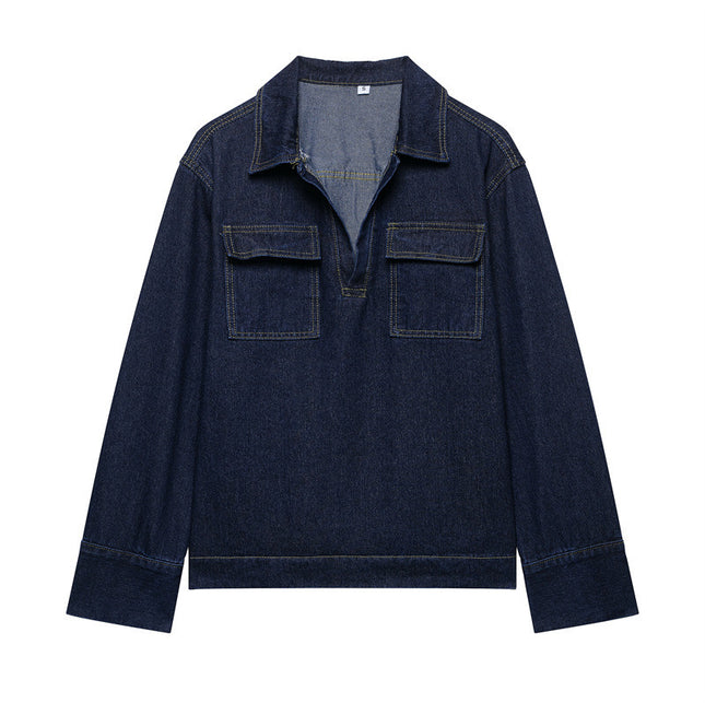 Fashion Loose Blue Denim 2-piece Set Vintage Long Sleeve Shirt Trousers