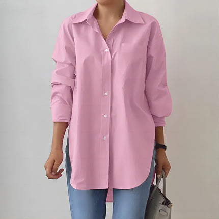 Solid-color Split-neck Long-sleeve Shirt