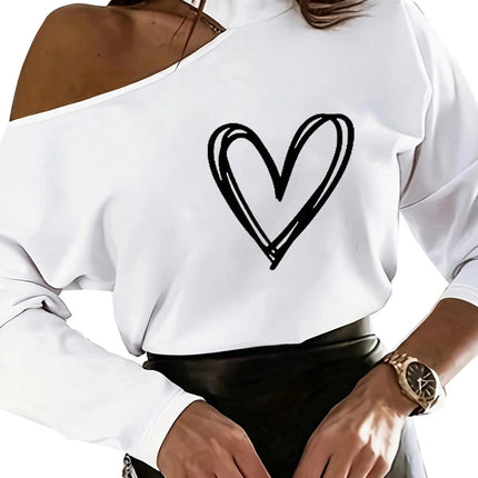 Heart Printing T-shirt Off-the-shoulder Top For Women