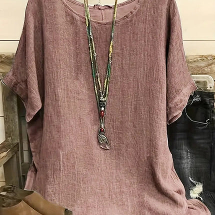 Women Fashion Casual Shirts Solid Color 3 4 Sleeve Round Neck Blouses Summer Loose Tops Streetwear