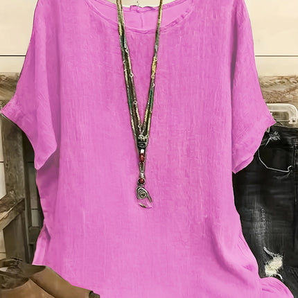 Women Fashion Casual Shirts Solid Color 3 4 Sleeve Round Neck Blouses Summer Loose Tops Streetwear