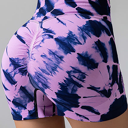 2 Pack Tie Dye High Waist Yoga Shorts, Athletic Tummy Control Workout Running Shorts, Stretchy Sportswear For Women
