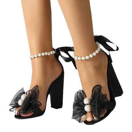 Fashion Ribbon Bow Beaded Female Peep-toe High-heeled Sandals