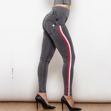 Shascullfites Melody High Waist Dark Thread Grey Jeans With Stripe Jeans Bum Lift Pants Shaping Jeggings Women Pants