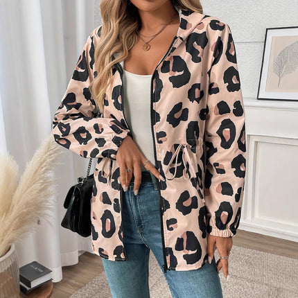 European And American Size Women's Casual Leopard Print Zipper Hooded Jacket Fashion Brand