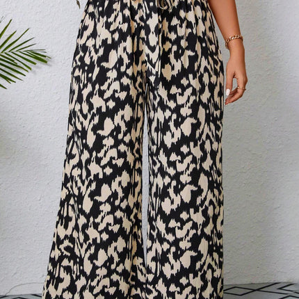 Women's Plus Size Printed Wide-Leg Pants - Summer Casual Elastic Waist Long Trousers With Belt