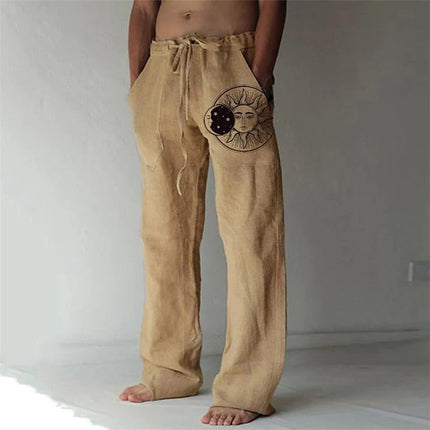 Printed Cotton And Linen Loose Casual Drawstring Trousers