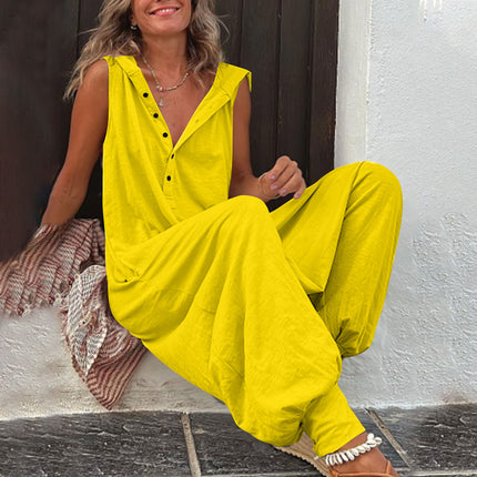 Hot Selling Button Up Hooded Sleeveless Pants In Stock, Jumpsuit With Pockets