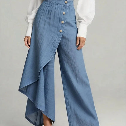 Unique Straight-leg Pants Fashion Large Ruffled Buttons Trousers Women's Faux Jeans Clothing