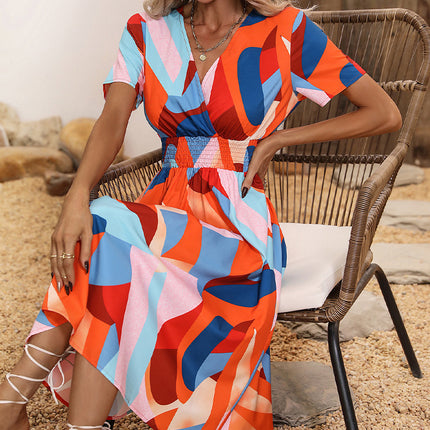 Summer Floral Print Short Sleeved V-neck Pullover High Waisted Dress A-line Skirt Mid Length Skirt