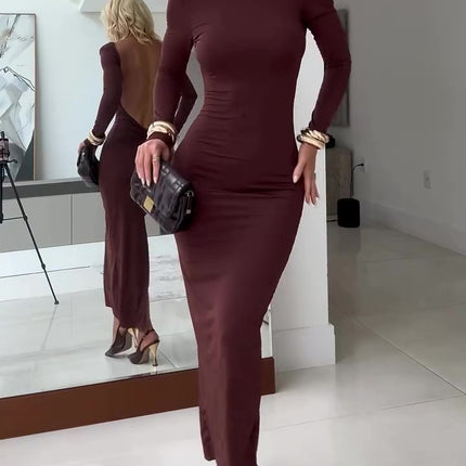 Brown Backless Long Sleeve Maxi Dress