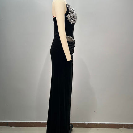 Women's Black Bandeau Slim-fit Hot Drilling Long Dress