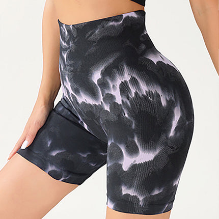 High Waist Tummy Control Yoga Shorts For Women, Tie-Dye Ruched Booty Lifting Workout Fitness Shorts, Hip Lifting Sports Activewear, Gym Exercise Running Shorts