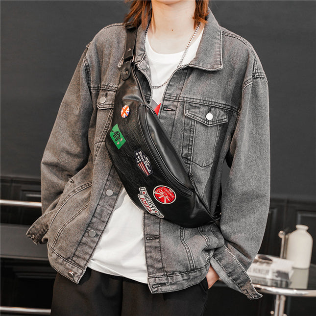 Fashion Leather Young Men's Individual Badge Shoulder Bag Waist Bag
