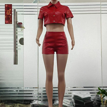 Leather Coat New Breasted Waist-tied Short-sleeved Shirt Shorts Set