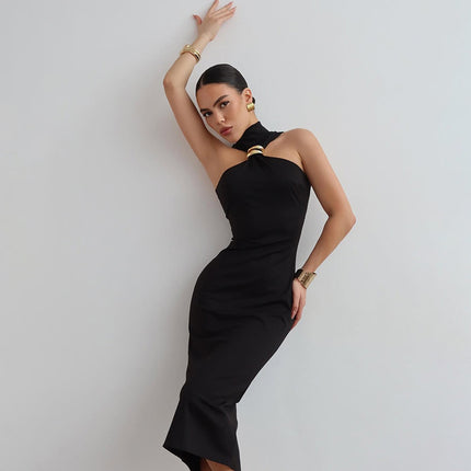 Summer New Women's Sexy Hot Girl Turtleneck Solid Color Dress