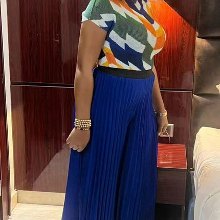 Fashion Plus Size Women Suit Pleated Print Short-sleeved Wide-leg Pants