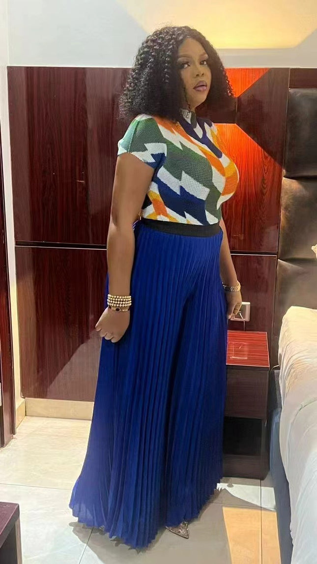 Fashion Plus Size Women Suit Pleated Print Short-sleeved Wide-leg Pants