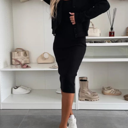 Solid Color Sling Dress Cardigan Outerwear Top Long Skirt Two-piece Set