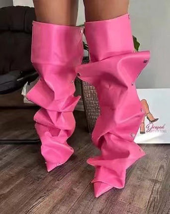 Denim Stitching Casual Two-way Pile Style Knee-length Boots