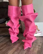 Denim Stitching Casual Two-way Pile Style Knee-length Boots